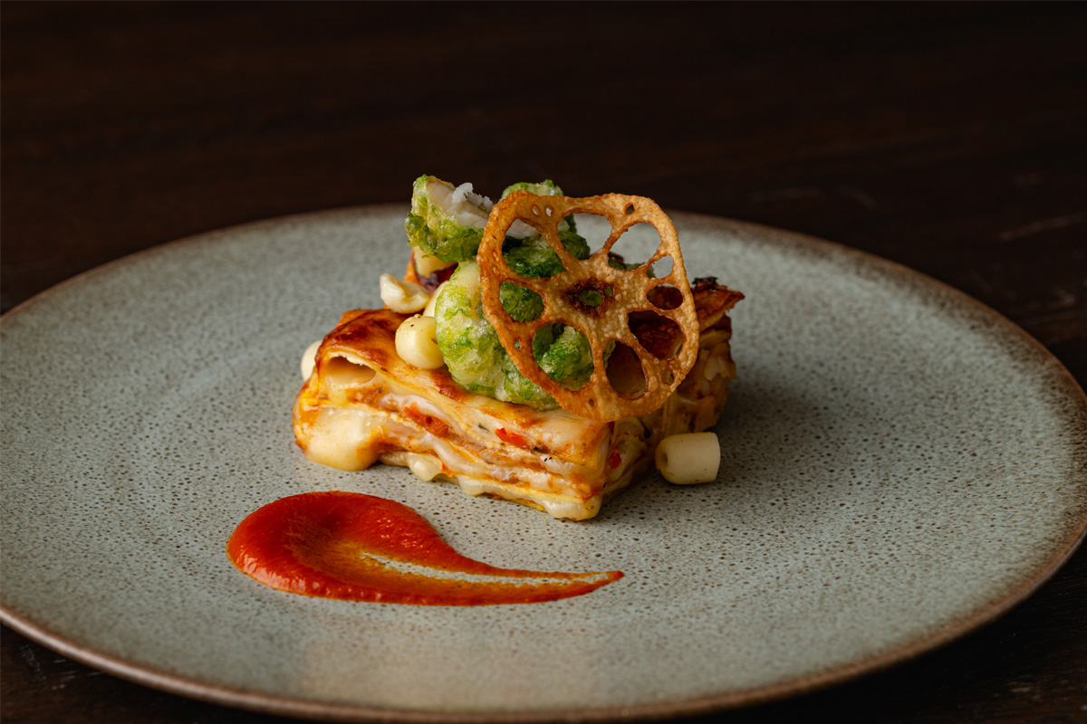 夏野菜と蓮根のラザニア 穴子と青海苔のフリット